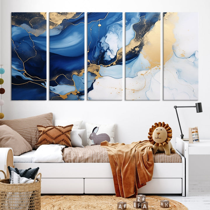 Marble Blue Painting Vibrant Gold Abstract Wall Art Canvas Print