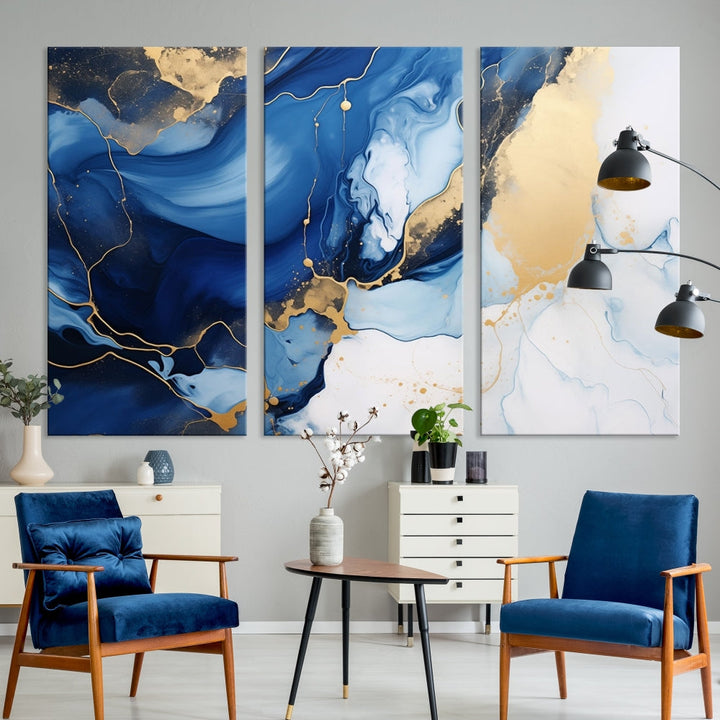 Marble Blue Painting Vibrant Gold Abstract Wall Art Canvas Print