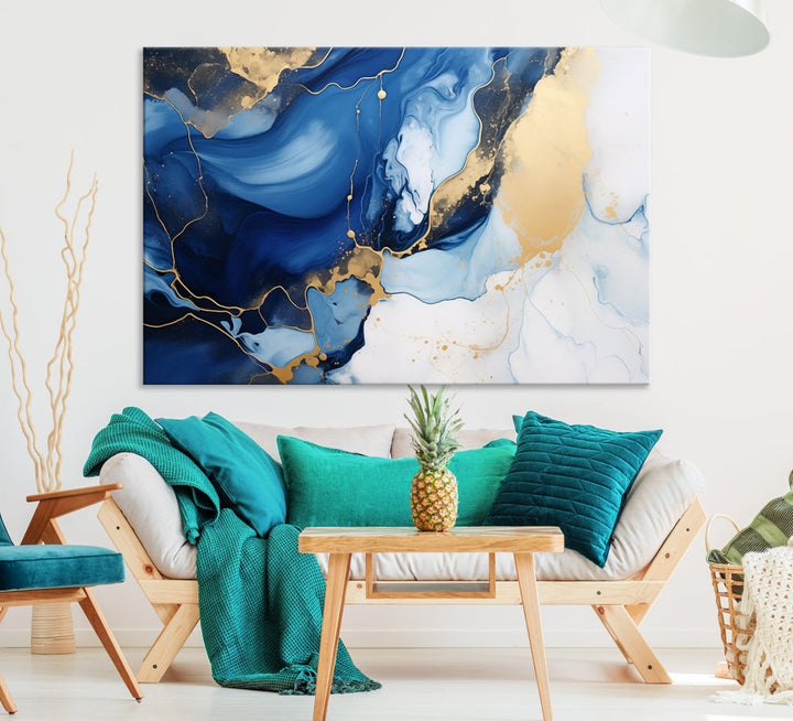 Marble Blue Painting Vibrant Gold Abstract Wall Art Canvas Print