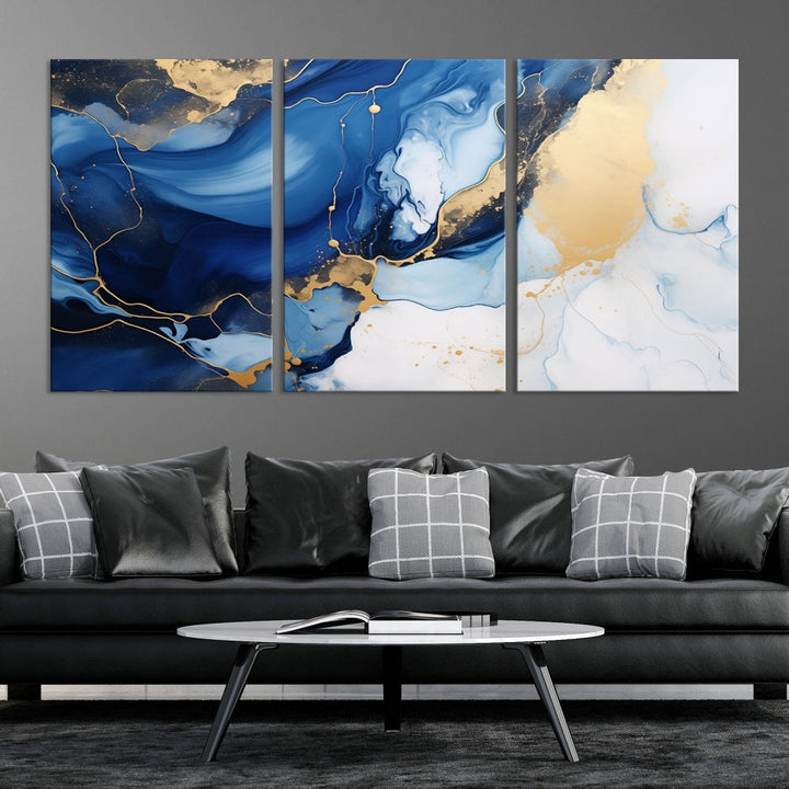 Marble Blue Painting Vibrant Gold Abstract Wall Art Canvas Print