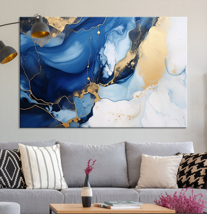 Marble Blue Painting Vibrant Gold Abstract Wall Art Canvas Print