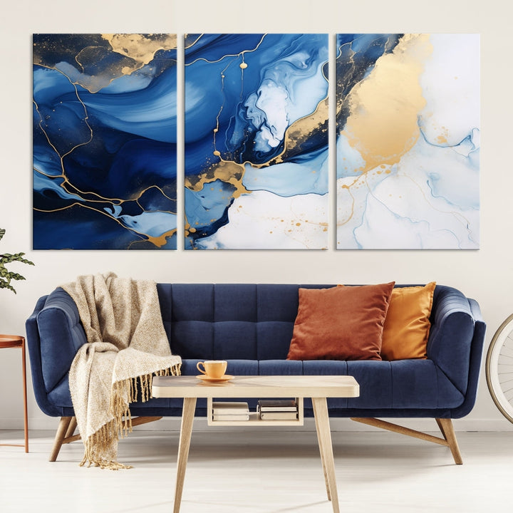 Marble Blue Painting Vibrant Gold Abstract Wall Art Canvas Print