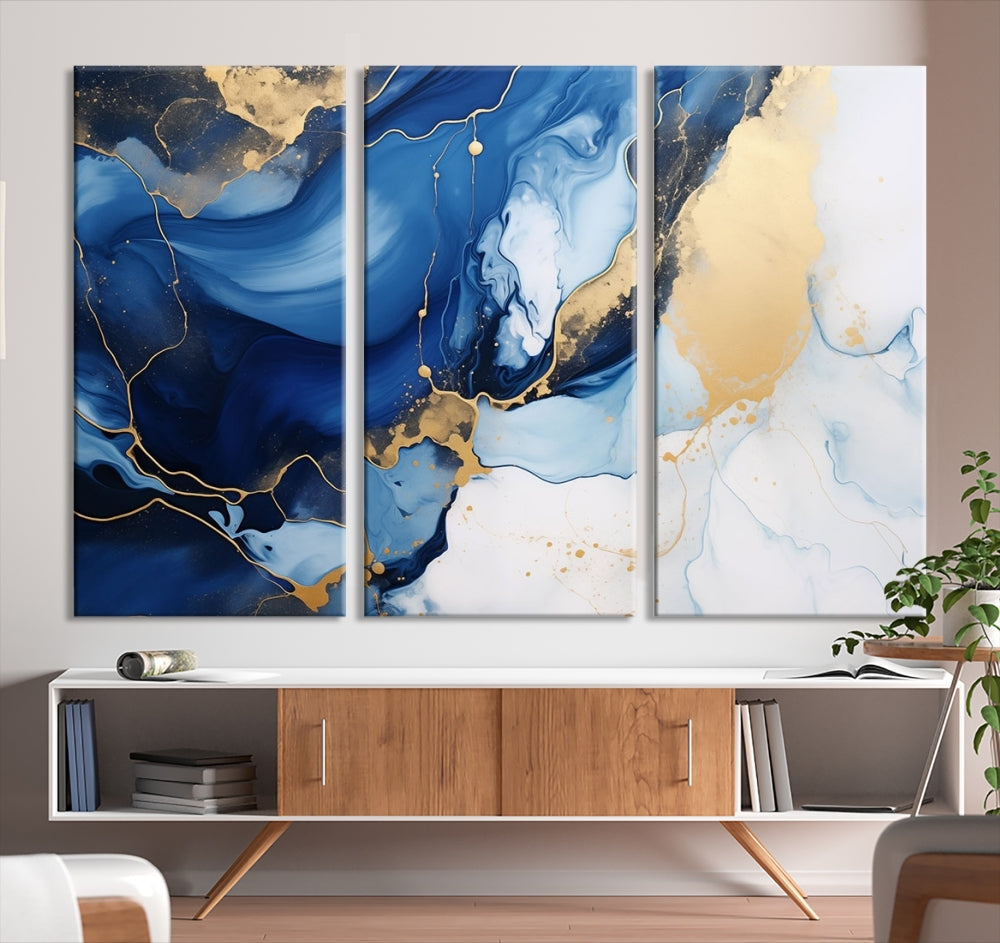 Marble Blue Painting Vibrant Gold Abstract Wall Art Canvas Print