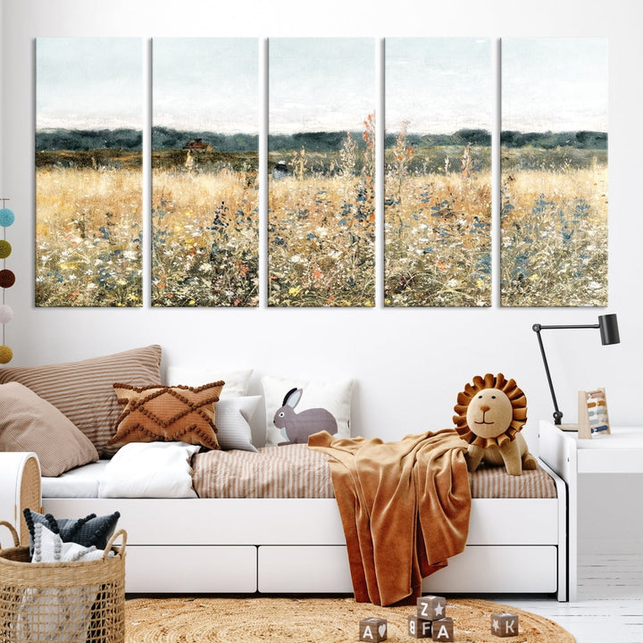 Meadow Landscape Wildflowers Field Wall Art Set of Canvas Print for Living Room Wall Decor