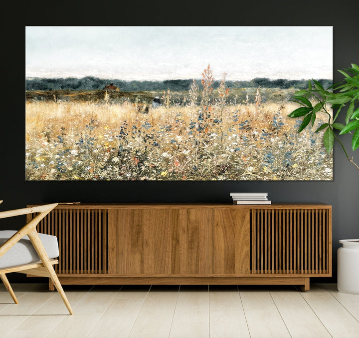 Meadow Landscape Wildflowers Field Wall Art Set of Canvas Print for Living Room Wall Decor