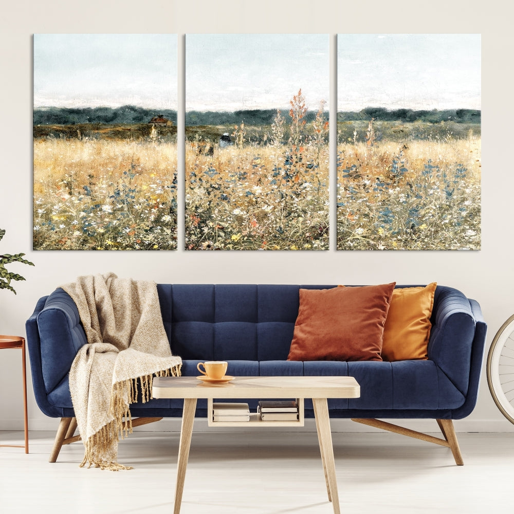 Meadow Landscape Wildflowers Field Wall Art Set of Canvas Print for Living Room Wall Decor