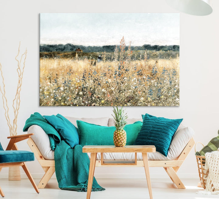 Meadow Landscape Wildflowers Field Wall Art Set of Canvas Print for Living Room Wall Decor