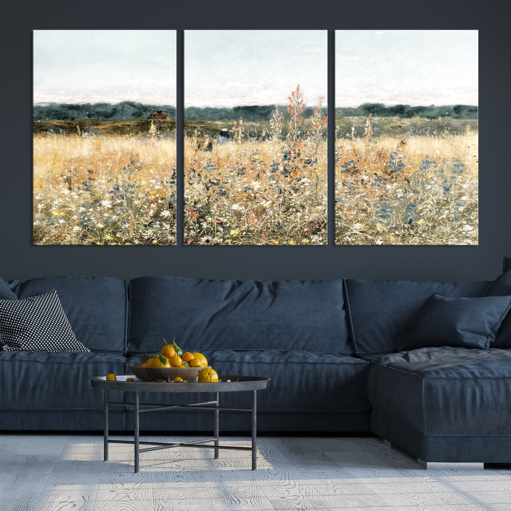 Meadow Landscape Wildflowers Field Wall Art Set of Canvas Print for Living Room Wall Decor