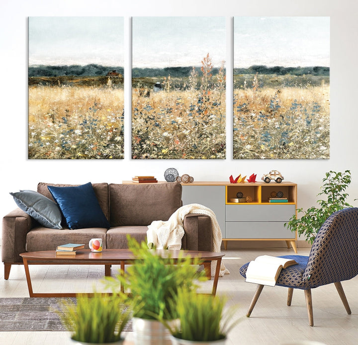 Meadow Landscape Wildflowers Field Wall Art Set of Canvas Print for Living Room Wall Decor