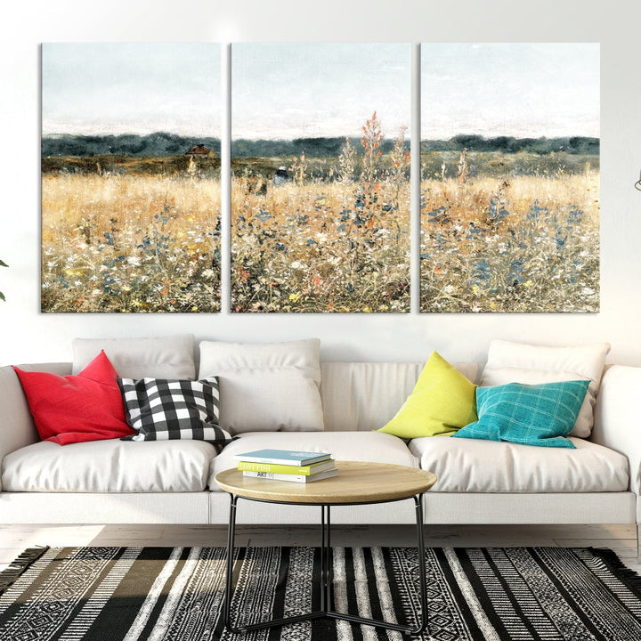 Meadow Landscape Wildflowers Field Wall Art Set of Canvas Print for Living Room Wall Decor