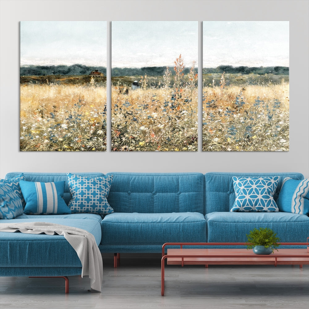 Meadow Landscape Wildflowers Field Wall Art Set of Canvas Print for Living Room Wall Decor