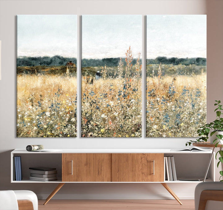 Meadow Landscape Wildflowers Field Wall Art Set of Canvas Print for Living Room Wall Decor