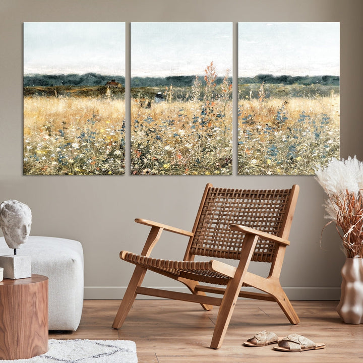 Meadow Landscape Wildflowers Field Wall Art Set of Canvas Print for Living Room Wall Decor