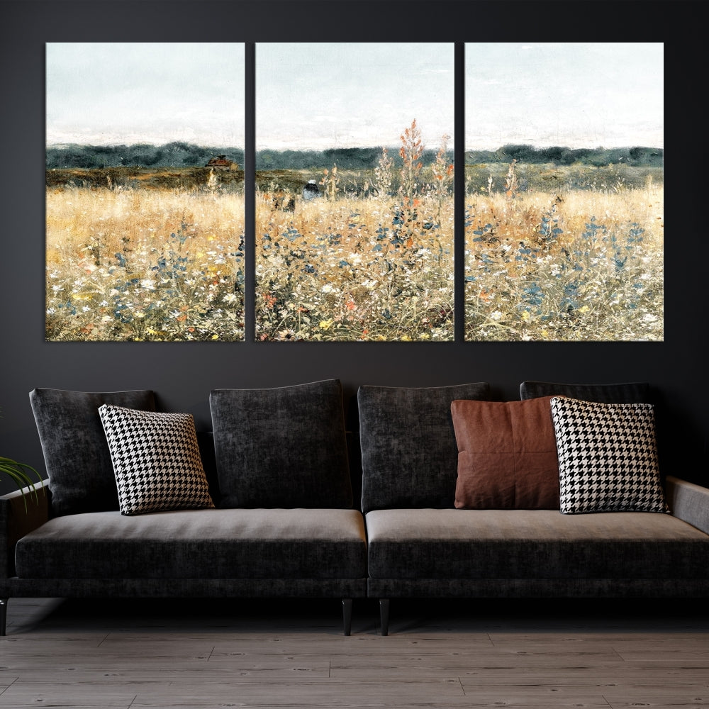 Meadow Landscape Wildflowers Field Wall Art Set of Canvas Print for Living Room Wall Decor