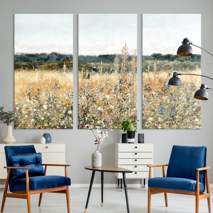 Meadow Landscape Wildflowers Field Wall Art Set of Canvas Print for Living Room Wall Decor