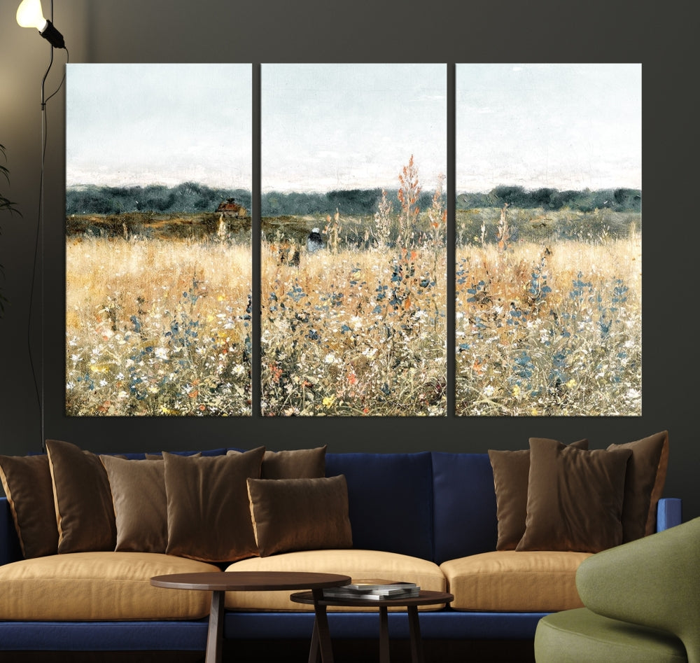 Meadow Landscape Wildflowers Field Wall Art Set of Canvas Print for Living Room Wall Decor