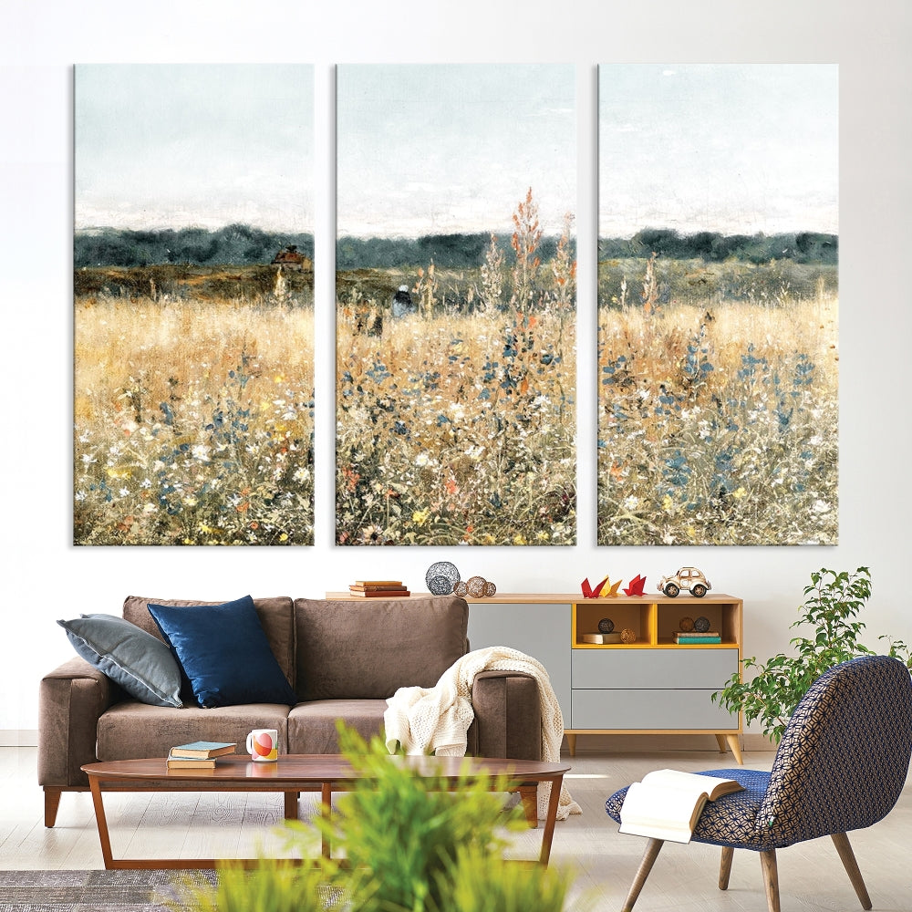 Meadow Landscape Wildflowers Field Wall Art Set of Canvas Print for Living Room Wall Decor