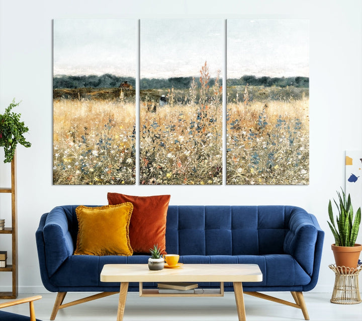 Meadow Landscape Wildflowers Field Wall Art Set of Canvas Print for Living Room Wall Decor