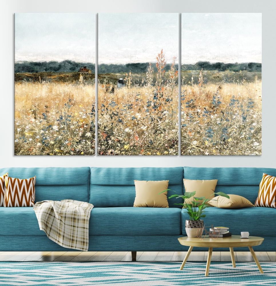 Meadow Landscape Wildflowers Field Wall Art Set of Canvas Print for Living Room Wall Decor