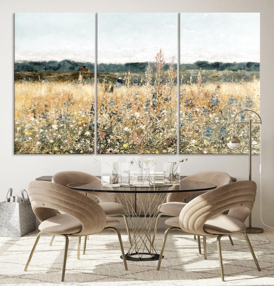 Meadow Landscape Wildflowers Field Wall Art Set of Canvas Print for Living Room Wall Decor