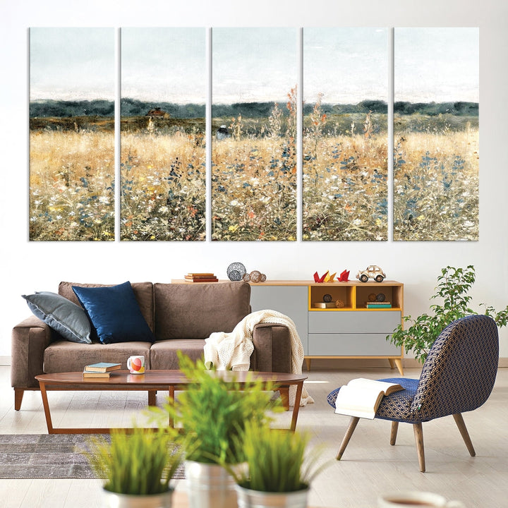 Meadow Landscape Wildflowers Field Wall Art Set of Canvas Print for Living Room Wall Decor