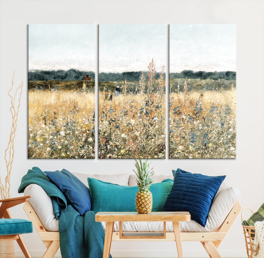 Meadow Landscape Wildflowers Field Wall Art Set of Canvas Print for Living Room Wall Decor