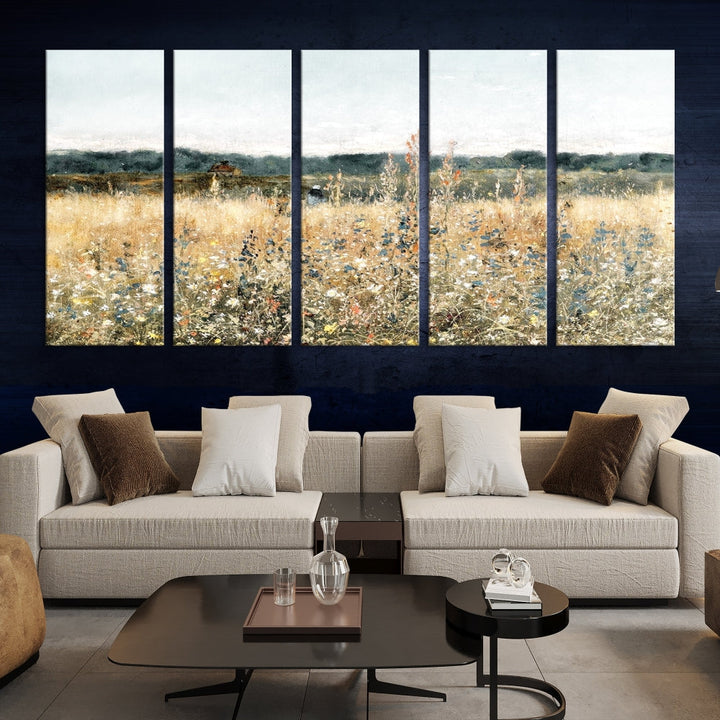 Meadow Landscape Wildflowers Field Wall Art Set of Canvas Print for Living Room Wall Decor