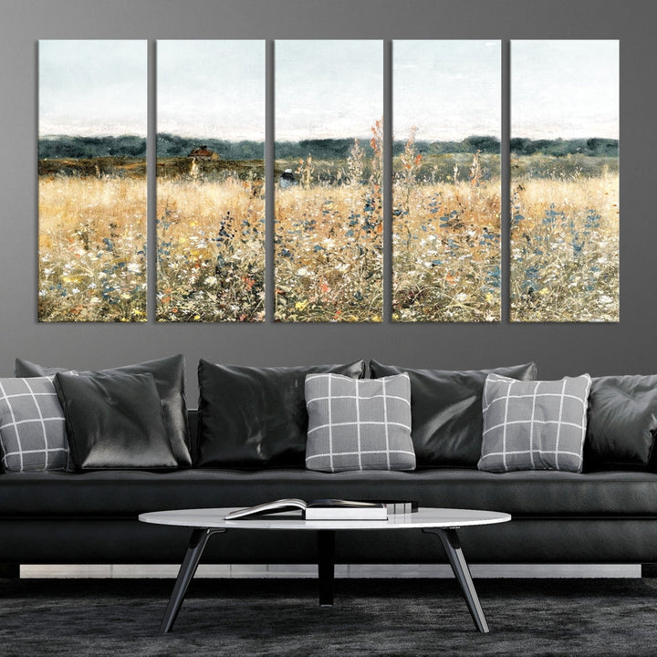 Meadow Landscape Wildflowers Field Wall Art Set of Canvas Print for Living Room Wall Decor