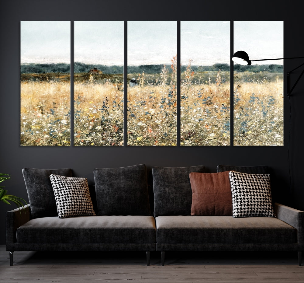 Meadow Landscape Wildflowers Field Wall Art Set of Canvas Print for Living Room Wall Decor