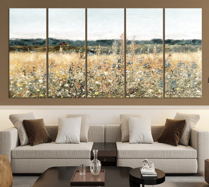 Meadow Landscape Wildflowers Field Wall Art Set of Canvas Print for Living Room Wall Decor