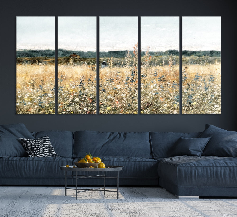 Meadow Landscape Wildflowers Field Wall Art Set of Canvas Print for Living Room Wall Decor