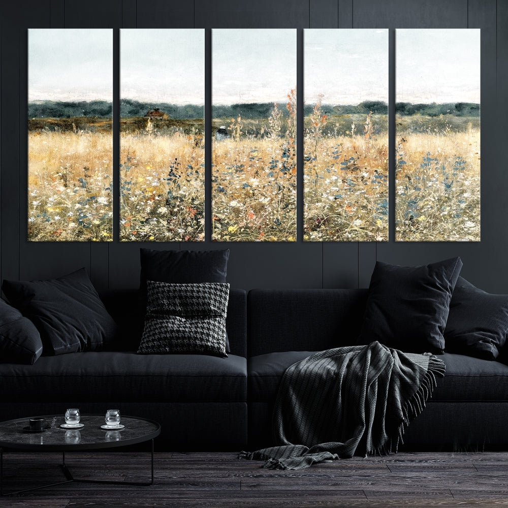 Meadow Landscape Wildflowers Field Wall Art Set of Canvas Print for Living Room Wall Decor