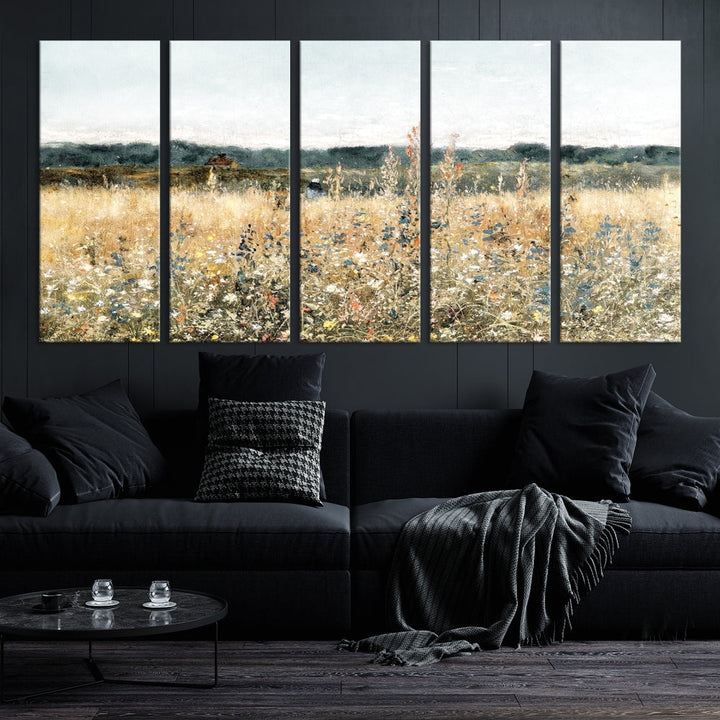 Meadow Landscape Wildflowers Field Wall Art Set of Canvas Print for Living Room Wall Decor