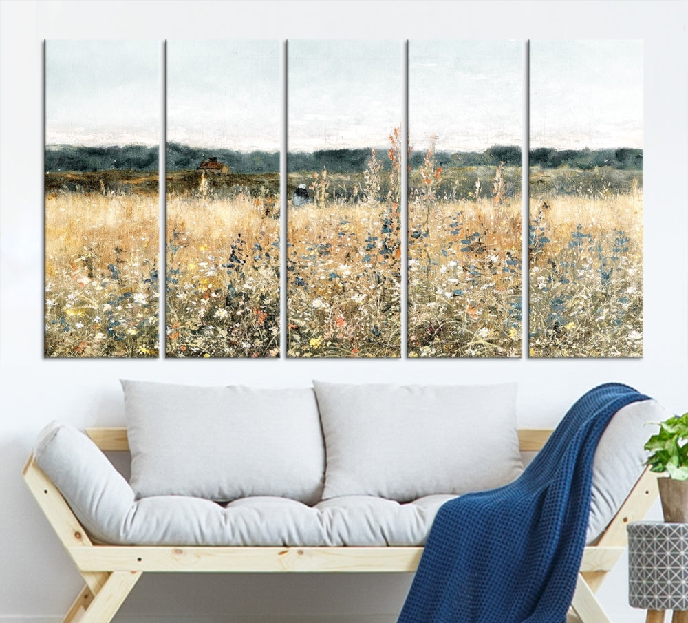 Meadow Landscape Wildflowers Field Wall Art Set of Canvas Print for Living Room Wall Decor