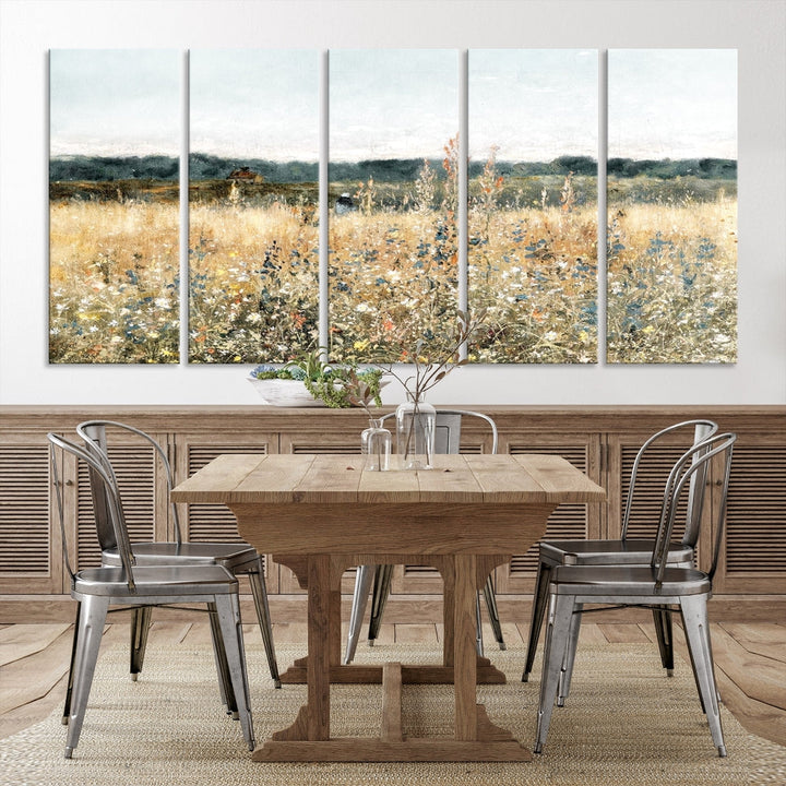 Meadow Landscape Wildflowers Field Wall Art Set of Canvas Print for Living Room Wall Decor