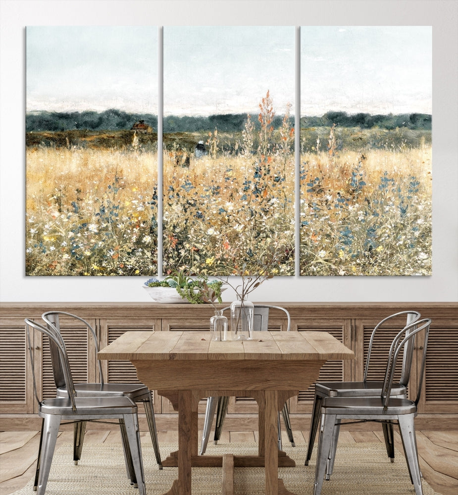 Meadow Landscape Wildflowers Field Wall Art Set of Canvas Print for Living Room Wall Decor