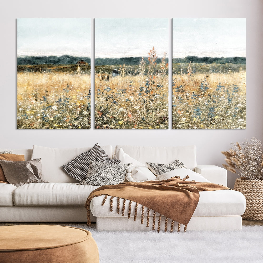 Meadow Landscape Wildflowers Field Wall Art Set of Canvas Print for Living Room Wall Decor