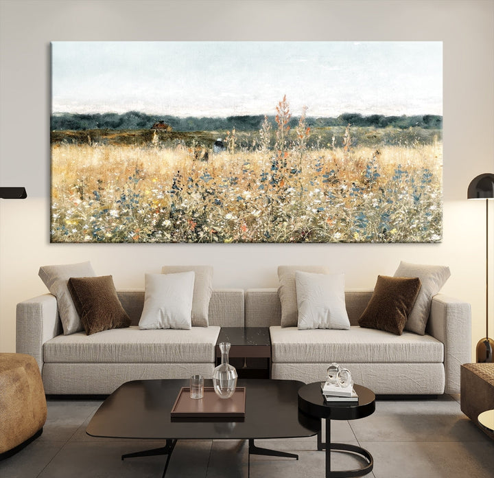 Meadow Landscape Wildflowers Field Wall Art Set of Canvas Print for Living Room Wall Decor