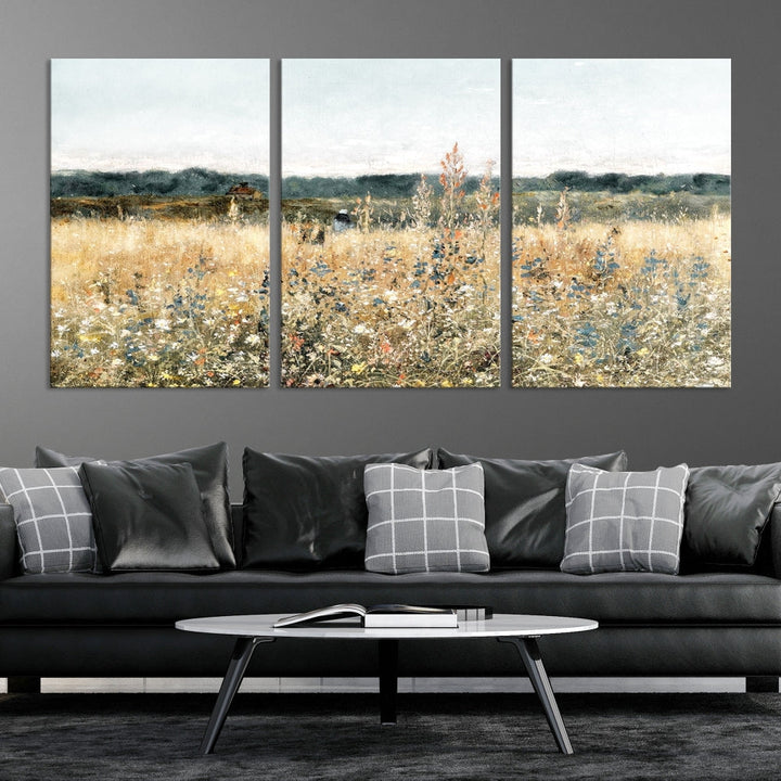 Meadow Landscape Wildflowers Field Wall Art Set of Canvas Print for Living Room Wall Decor