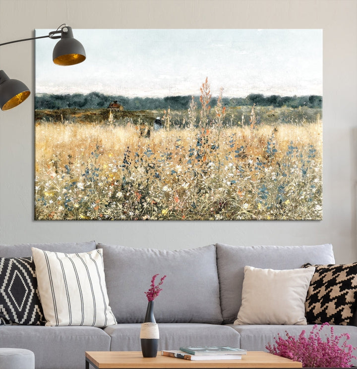 Meadow Landscape Wildflowers Field Wall Art Set of Canvas Print for Living Room Wall Decor