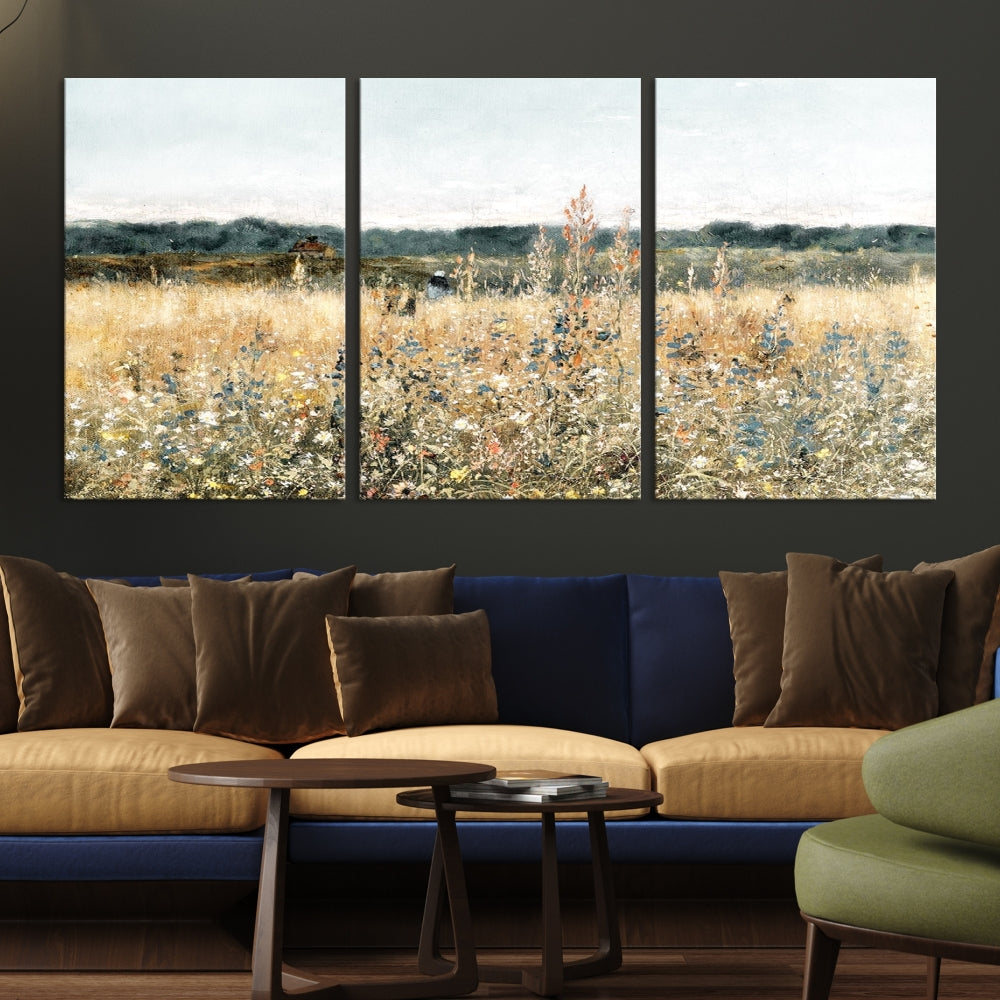 Meadow Landscape Wildflowers Field Wall Art Set of Canvas Print for Living Room Wall Decor