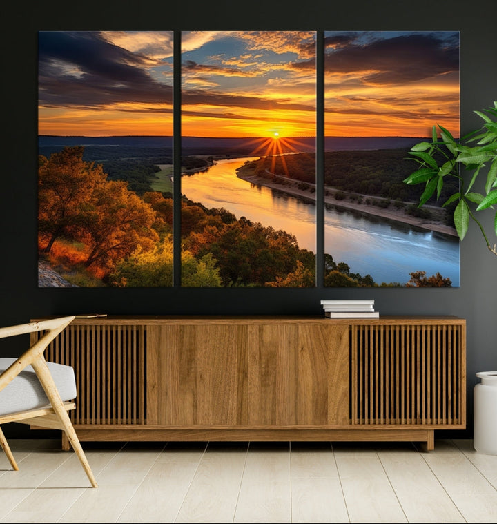 Mesmerizing Sunset Landscape Wall Art Green Meadow Nature Canvas Print Set of Print