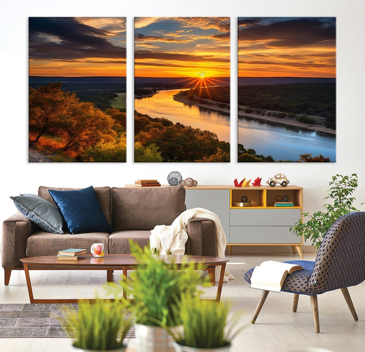 Mesmerizing Sunset Landscape Wall Art Green Meadow Nature Canvas Print Set of Print