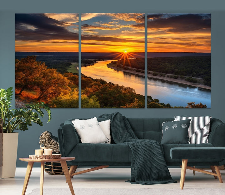 Mesmerizing Sunset Landscape Wall Art Green Meadow Nature Canvas Print Set of Print