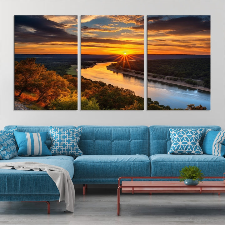 Mesmerizing Sunset Landscape Wall Art Green Meadow Nature Canvas Print Set of Print