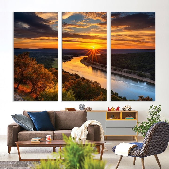 Mesmerizing Sunset Landscape Wall Art Green Meadow Nature Canvas Print Set of Print