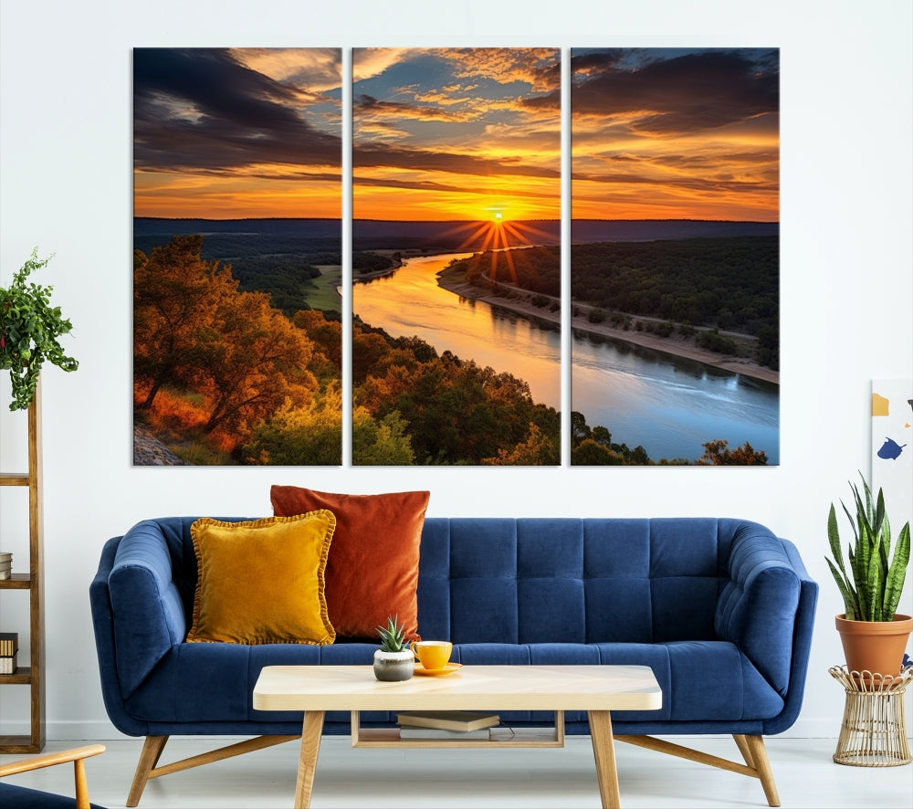 Mesmerizing Sunset Landscape Wall Art Green Meadow Nature Canvas Print Set of Print