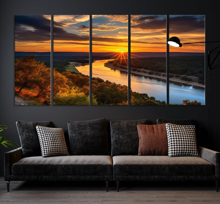 Mesmerizing Sunset Landscape Wall Art Green Meadow Nature Canvas Print Set of Print