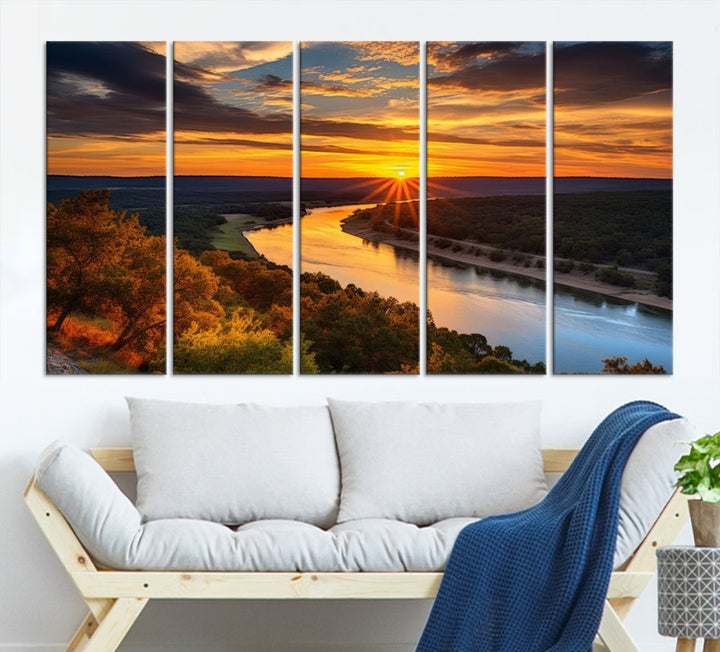 Mesmerizing Sunset Landscape Wall Art Green Meadow Nature Canvas Print Set of Print