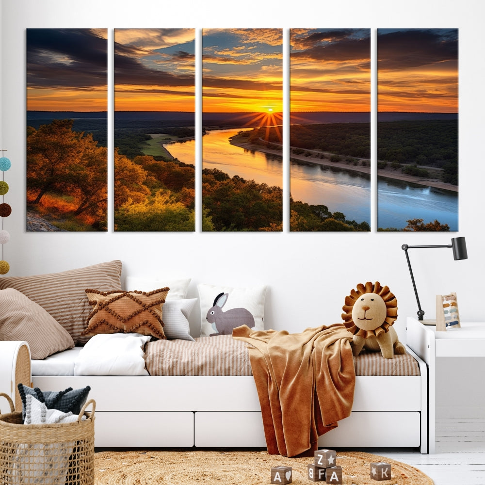 Mesmerizing Sunset Landscape Wall Art Green Meadow Nature Canvas Print Set of Print